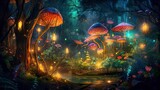 Background fairy wood with a single path, zoom on a small portion of the path and add trees, moss, fireflies and mushrooms as additional decorations. 