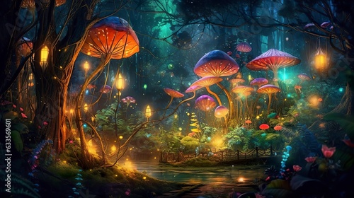 Background fairy wood with a single path, zoom on a small portion of the path and add trees, moss, fireflies and mushrooms as additional decorations. 