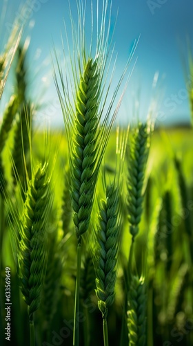 Green barley spike closeup, Green wheat, full grain, Close up of an ear of unripe wheat, 