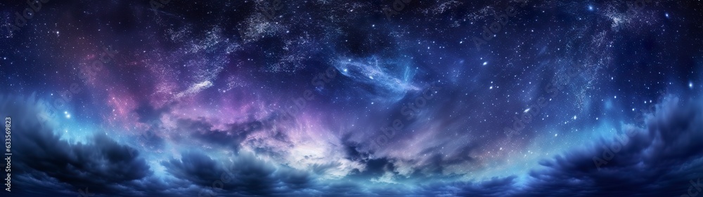 Panorama dark blue night sky, milky way and stars on dark background, Universe filled with stars, nebula and galaxy,  