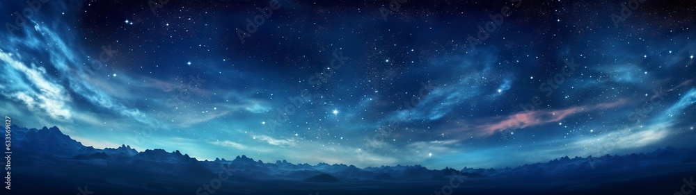 Panorama dark blue night sky, milky way and stars on dark background, Universe filled with stars, nebula and galaxy, 