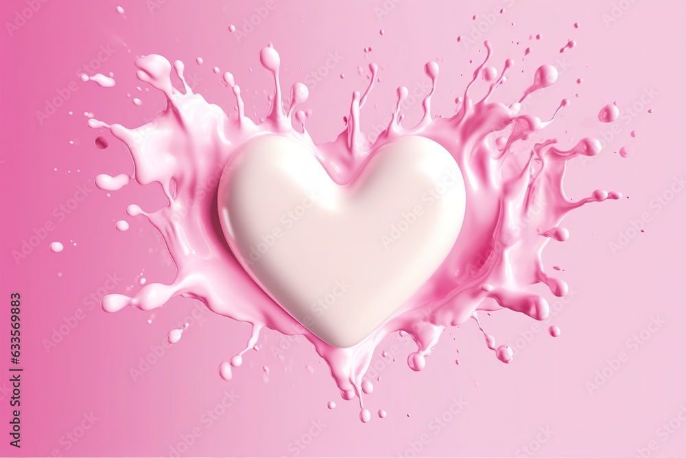 Pink heart shape milk splash, romantic food symbol for Valentines day, 