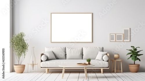 Modern cozy mock up and decoration furniture of living room and empty canvas frame on the white wall texture background  3D rendering. 