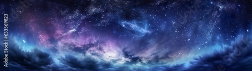 Panorama dark blue night sky, milky way and stars on dark background, Universe filled with stars, nebula and galaxy, 