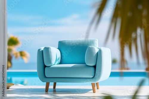 Photo of a modern light blue color armchair alone in the tropical background.