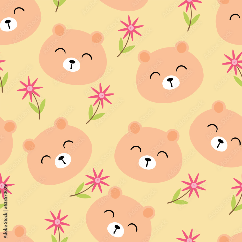 Cute bear pattern, with flowers, smile sunny face cartoon seamless background, vector illustration, wallpaper, textile, bag, garment, fashion design

