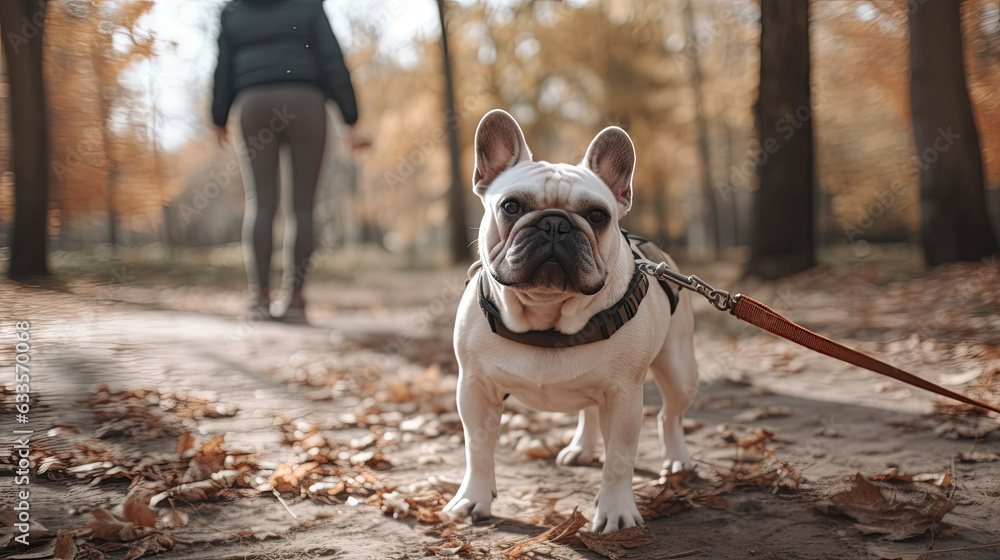Well trained French Bulldog walking on loose leash in the park