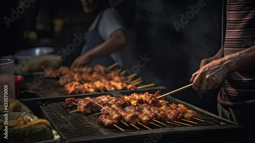 Vendor preparing delicious barbecue chicken and beef on charcoal grill
