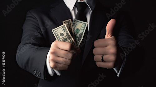 Unrecognizable of businessman in a suit shows thumb up