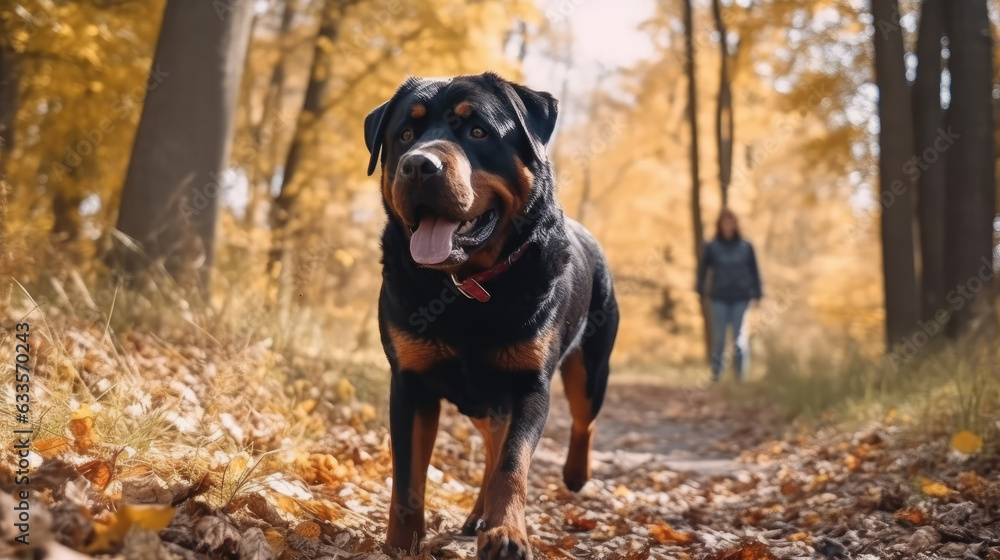 Well trained Rottweiler walking on loose leash in the park