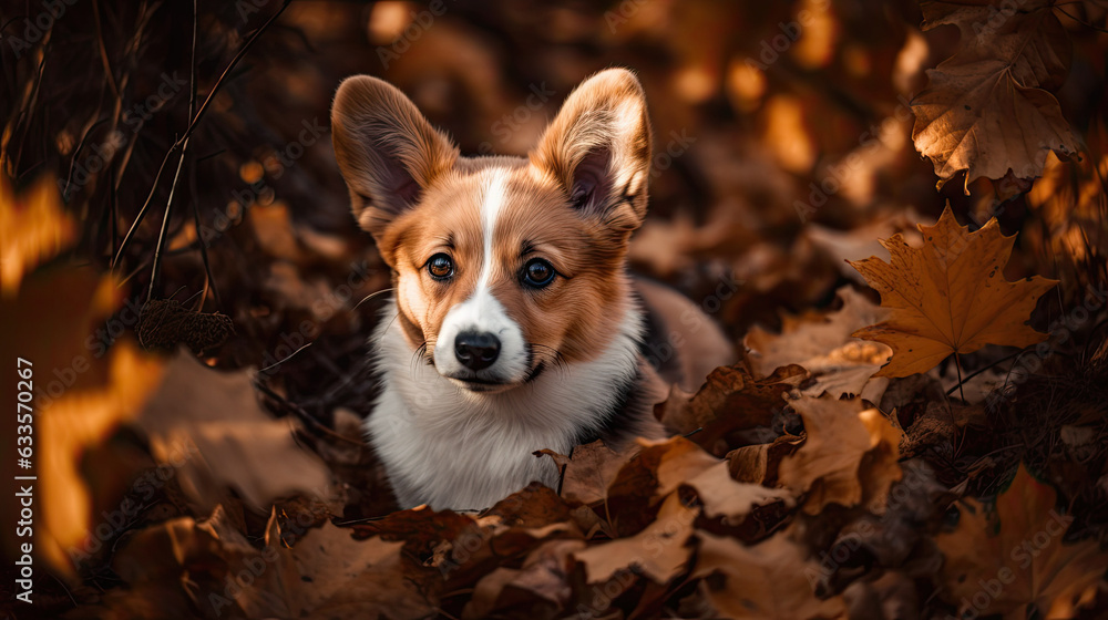 welsh corgi puppy in autumn leaves background welsh corgi puppy in autumn leaves background