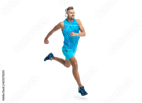 sport jogger listen to music. The jogger ran at sport training isolated on white. In a morning sport workout jogger run in studio. The jogger stretched legs before running