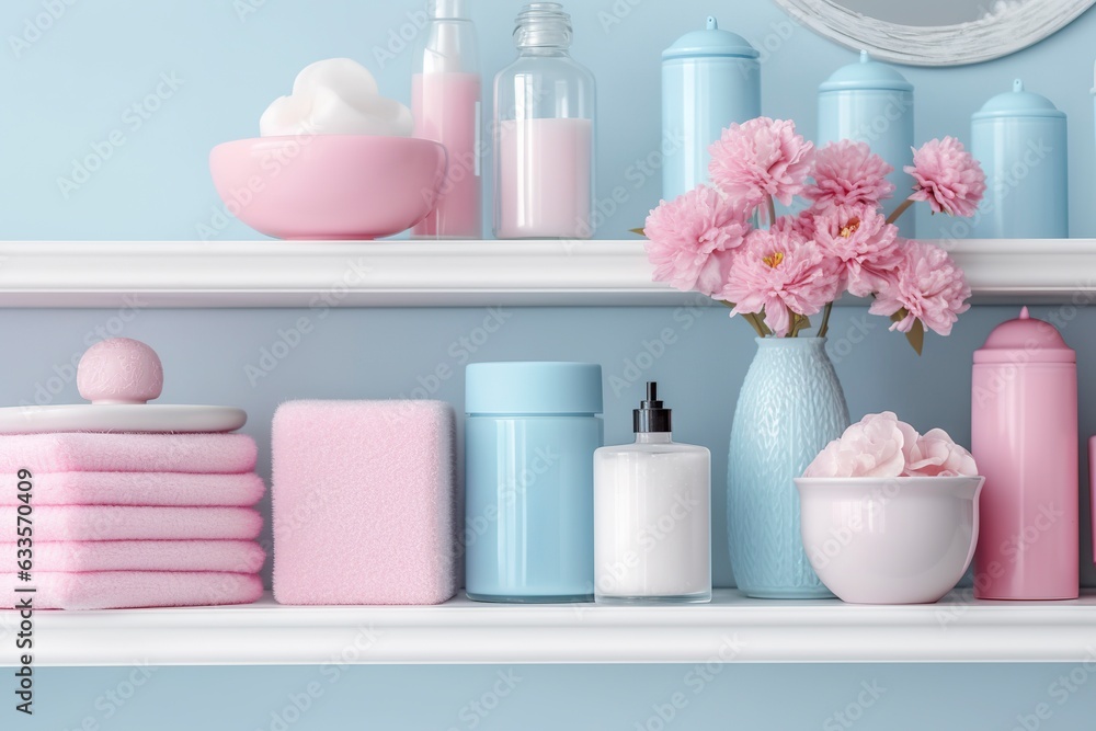 A pastel bathroom shelf with pink skincare products, copy space, banner, pink and pastel blue bright palette, barbiecore. AI Generative