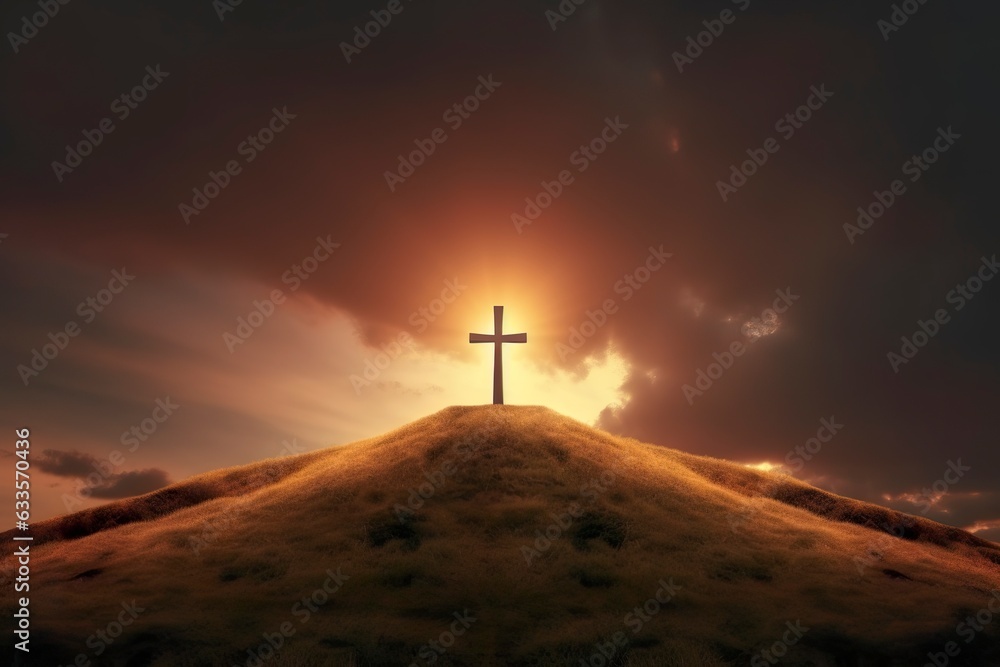 The cross of God in the rays of the sun. Cross on the hill. Religious concept. AI Generative