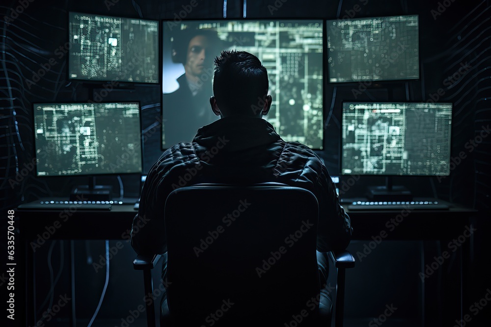 Computer security systems, industrial espionage and attacks on corporate websites. Back view of a hacker. Computer security threat. Computer security systems, industrial espionage and attacks on corporate websites. Back view of a hacker. Computer security threat.