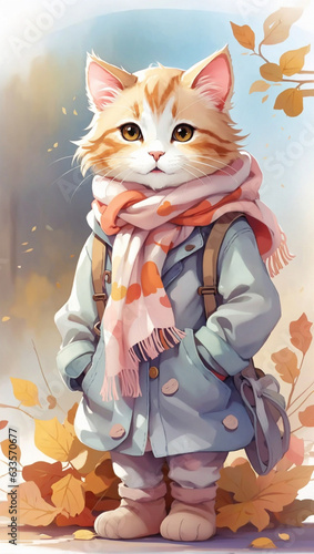 Cute cat with scarf in fall