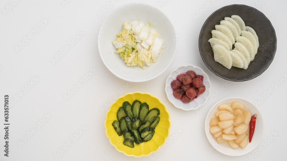 日本の漬け物イメージ|大根・胡瓜・白菜・らっきょう・梅干し 日本の漬け物イメージ|大根・胡瓜・白菜・らっきょう・梅干し