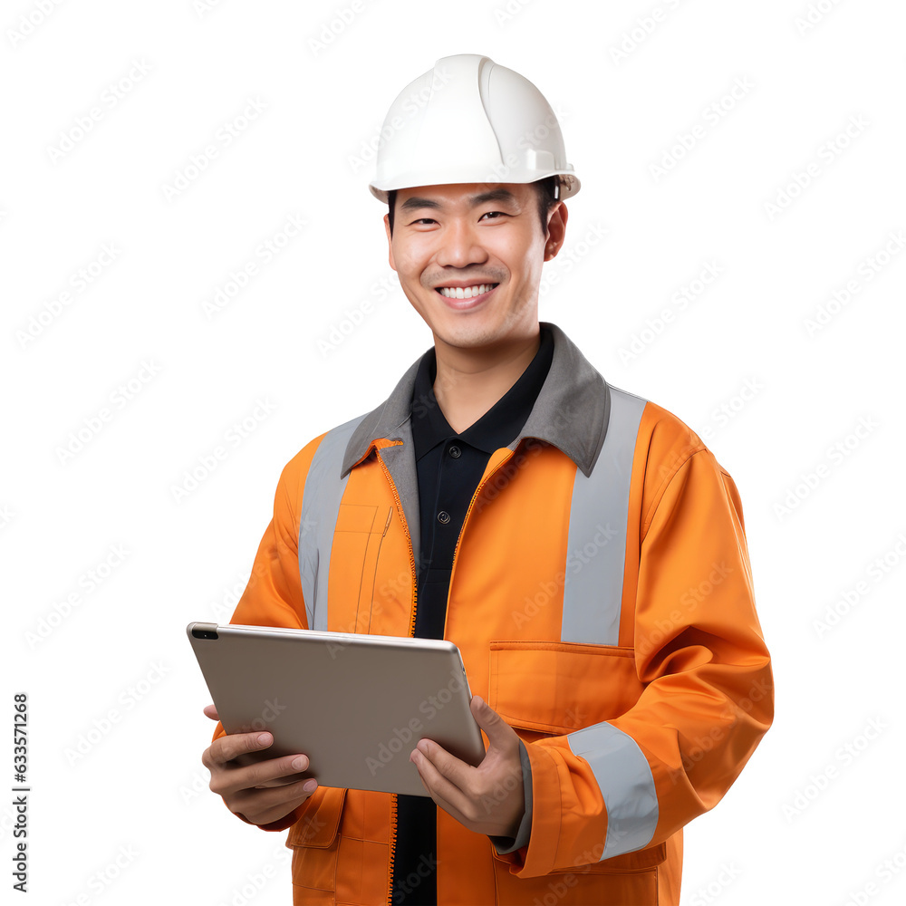Young handsome asian engineer happy face smiling use tablet, isolated on white transparent background Young handsome asian engineer happy face smiling use tablet, isolated on white transparent background