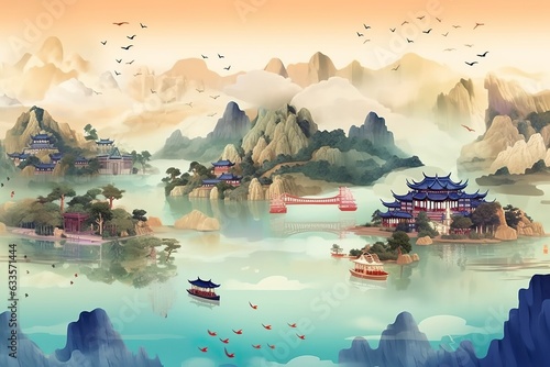 Whimsical Cartoons of Green Mountains in the Sky, Traditional Oceanic Art, Translucent Water, and Majestic Ports.  photo