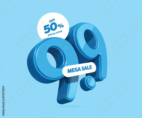 Number 9.9 in blue 3D floating in air looks like movement and there are promotion special offers, mega sale, 50% off, placed on front and top