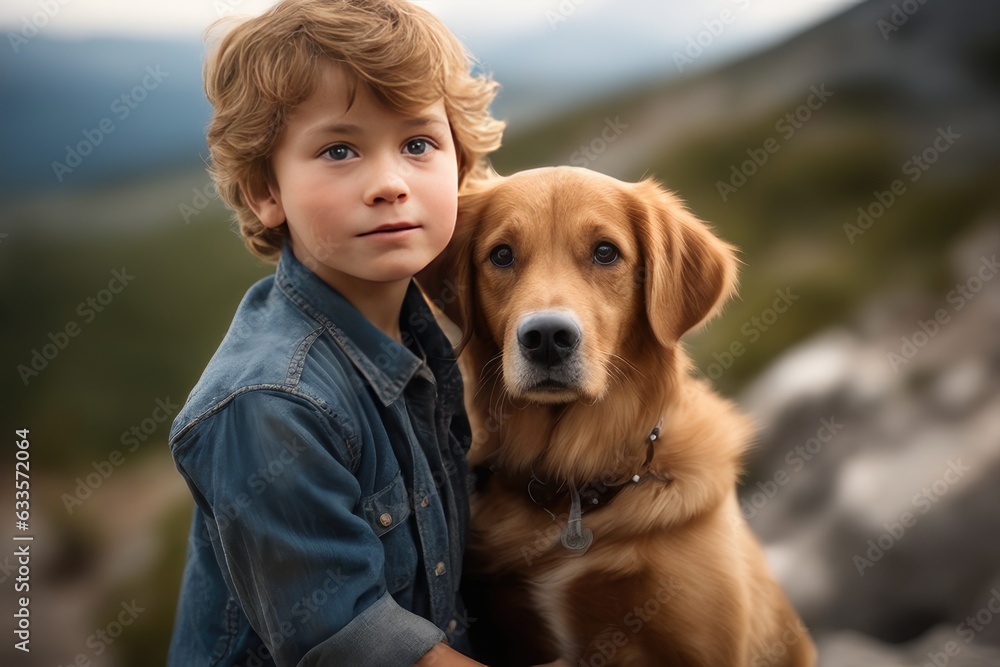 child and dog on mountain