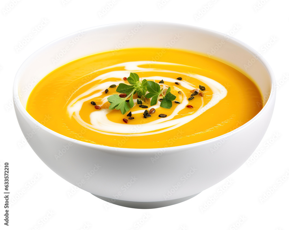 pumpkin creamy soup on transparent or white background, png