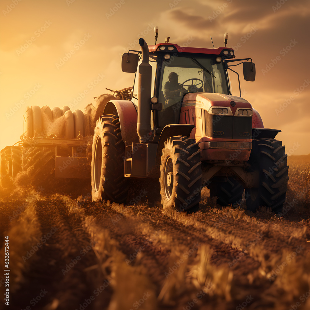 Fototapeta premium agriculture tractor background at sunset
