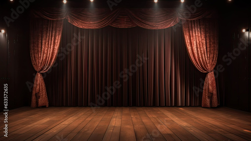wooden stage with curtain and lamp light background
