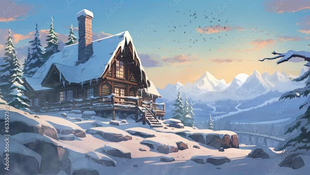 Cozy Cabin in a Snowy Wilderness. 4K Ultra HD Animated Looping Video
