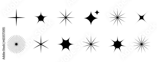 Black stars and twinkles set. Retro bling collection. Abstract simple starburst shine effect pack. Design elements for template, poster, banner, logo, card, icon, label. Vector illustration bundle