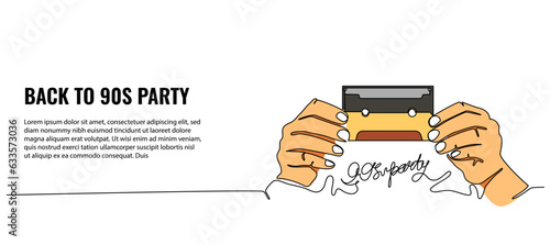 Hand holding cassette vector illustration. Modern flat in continuous line style.