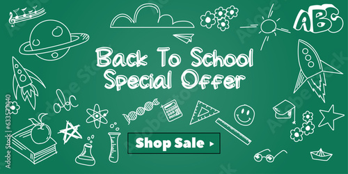 Back to school, special offer. Green board and children's drawing with chalk, in the center the inscription - Back to school. Vector.