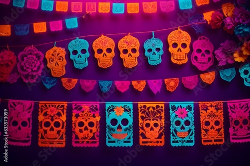 "Dia de los Muertos Celebration: Mexican Ornament Banner Design with Papel Picado, Skulls, and Bones"
