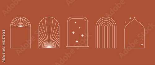 Boho style linear arch frame collection. Bohemian decorative ornamental border set for badge, logo, card, poster, banner, template. Terracotta arc design elements with stars and sunbeams. Vector pack