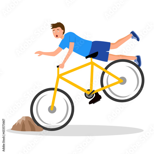 Man falling off bike in flat design on white background. Bicycle accident.