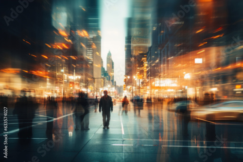 Blur crowd of walking people, defocus vanity and city nightlife, evening rush hour