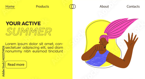 Colorful banner for website with illustration of young black-skinned woman. Web banners. Trendy vector flat style. Color block. International day of young people.