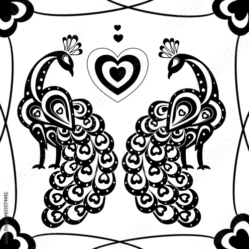 peacock valentine card silhouette illustration of couple Love Birds perched on a branch of a Tree valentine day theme vector flat color style background