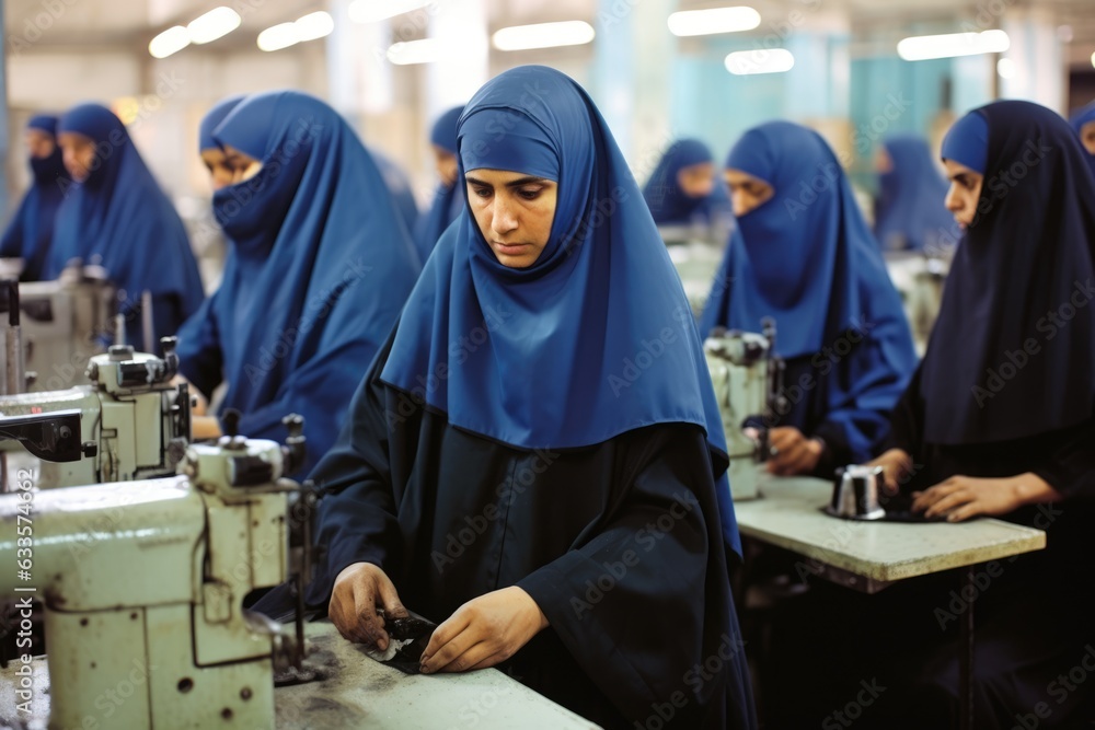 Female islamic factory workers wearing hijabs in an islamic middle ...