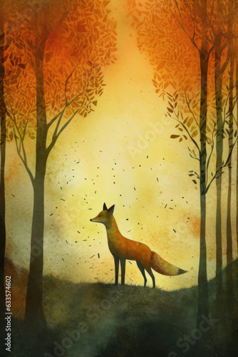 Watercolor illustration of fox in the autumn forest