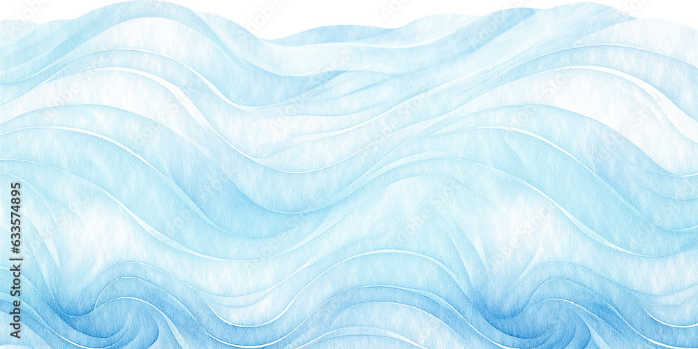 Water snow wavy abstract transparent background for copy space text. Blue frozen ocean flowing motion. Watercolor effect blizzard backdrop. Snowy holiday cartoon . Hand painted details. - obrazy, fototapety, plakaty 
