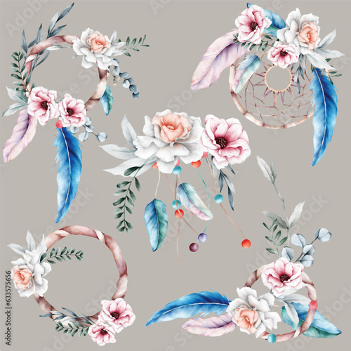 beautiful flower and dreamcatcher bouquet illustration