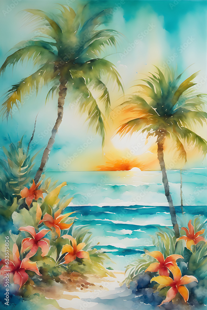 Beach and a Palm Tree, beach watercolor painting