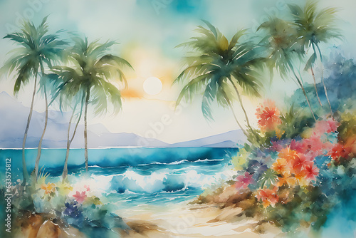 Beach and a Palm Tree  beach watercolor painting