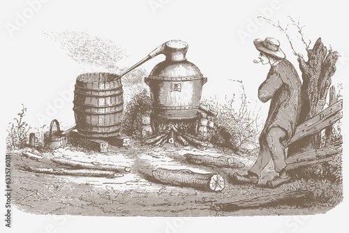 Vintage alcohol distillation. Alcohol making process. Copper still