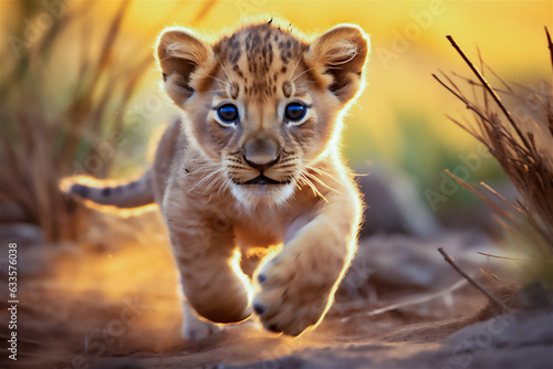Murais de parede Charming African lion cub runs across the savannah.