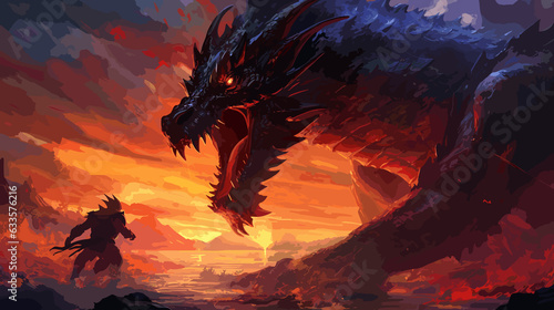 An epic battle between mythical creatures in a fantastical landscape  medium digital painting  style inspired by epic fantasy novels  lighting dramatic sunset with contrasting