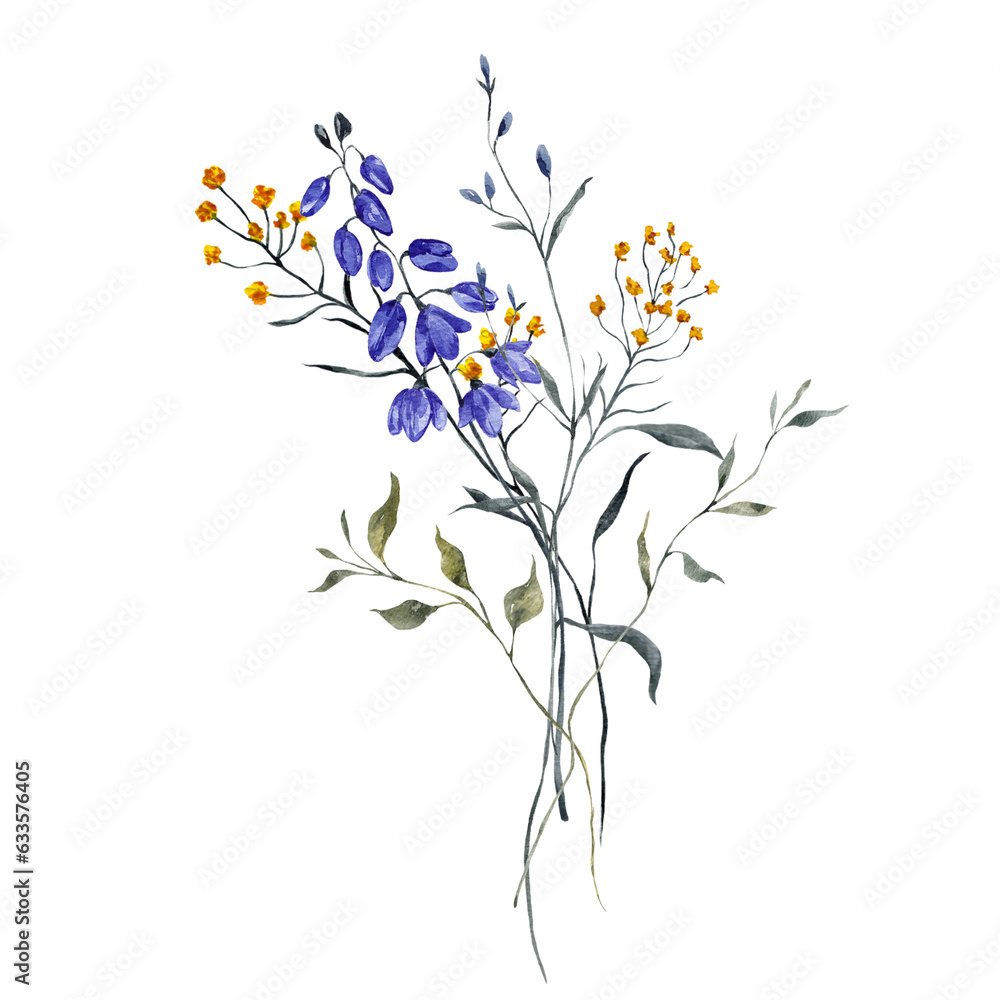 Watercolor illustration with wildflowers, herbs, grass and green leaves, isolated on white background Watercolor illustration with wildflowers, herbs, grass and green leaves, isolated on white background