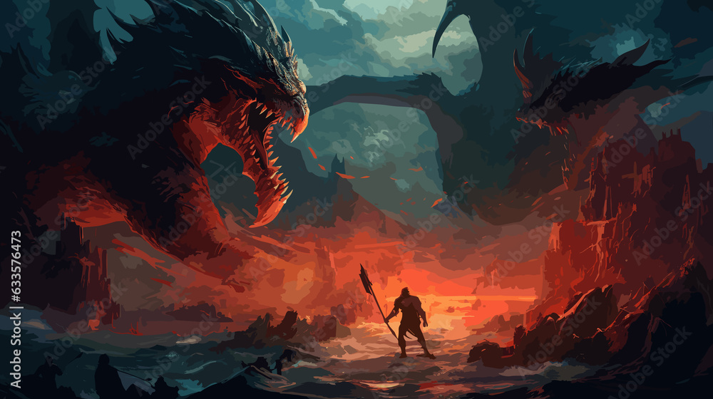 An epic battle between mythical creatures in a fantastical landscape ...
