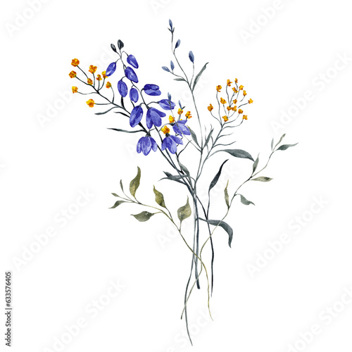 Watercolor illustration with wildflowers  herbs  grass and green leaves  isolated on white background